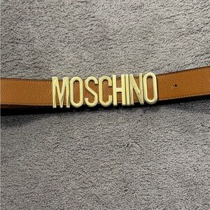 Moschino Tan Belt with Gold Logo Buckle